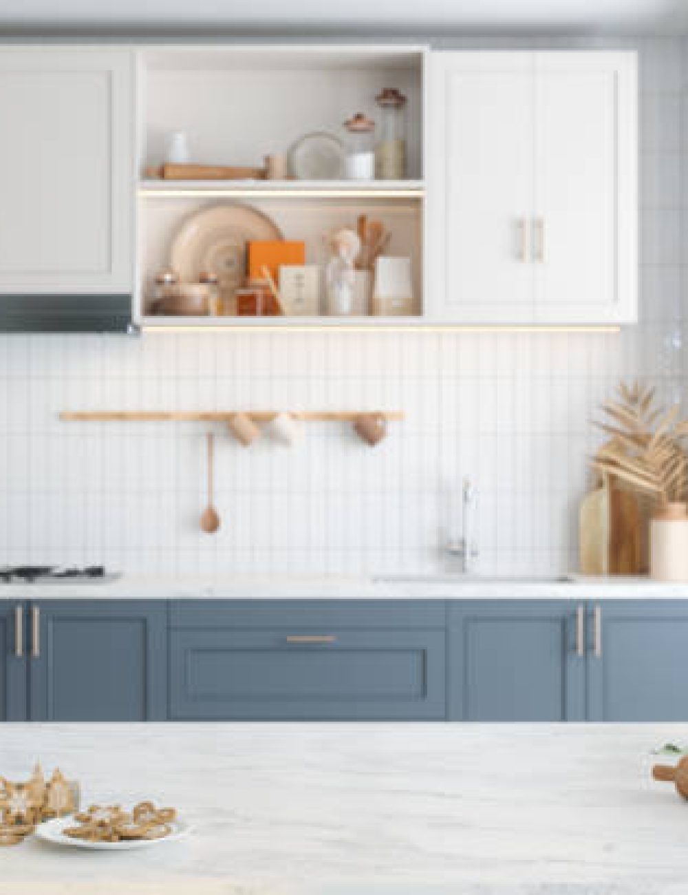 Modern Kitchen With Homemade Gingerbread Cookies And Gift Boxes On Kitchen Counter.  Baking And Selling Cookies